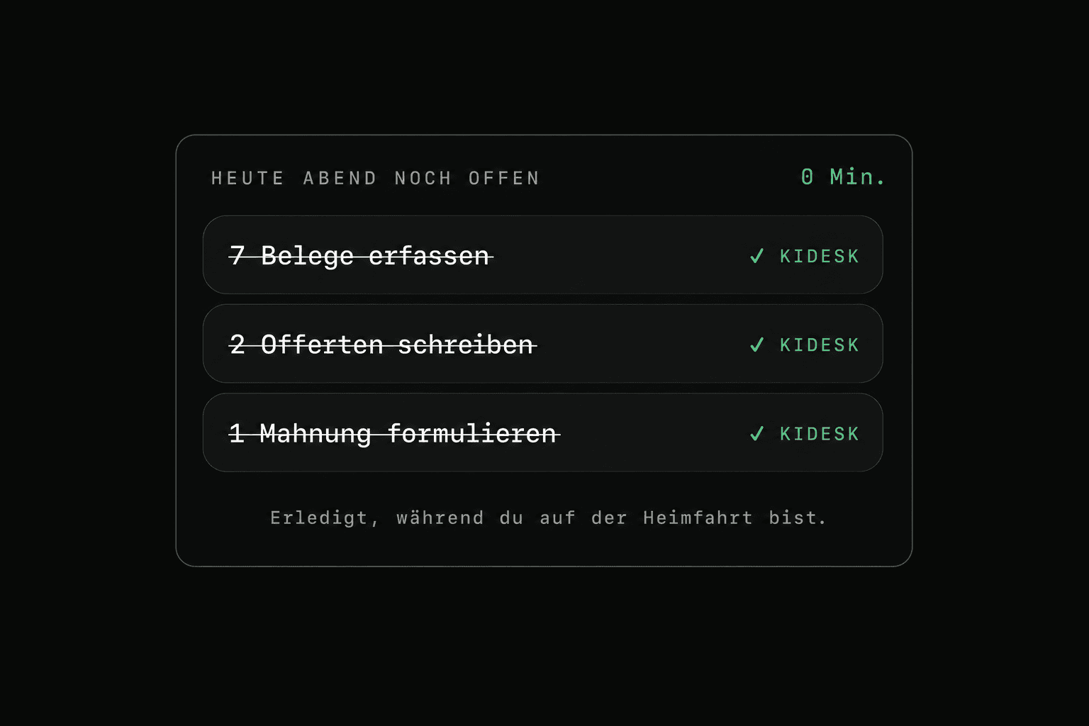 Heute Abend noch offen: alle drei Aufgaben von KIDESK erledigt, null Minuten übrig