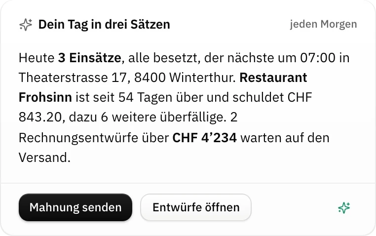 Die Karte «Dein Tag in drei Sätzen» in KIDESK: drei Einsätze, eine überfällige Rechnung, zwei Entwürfe, mit dem Knopf «Mahnung senden»