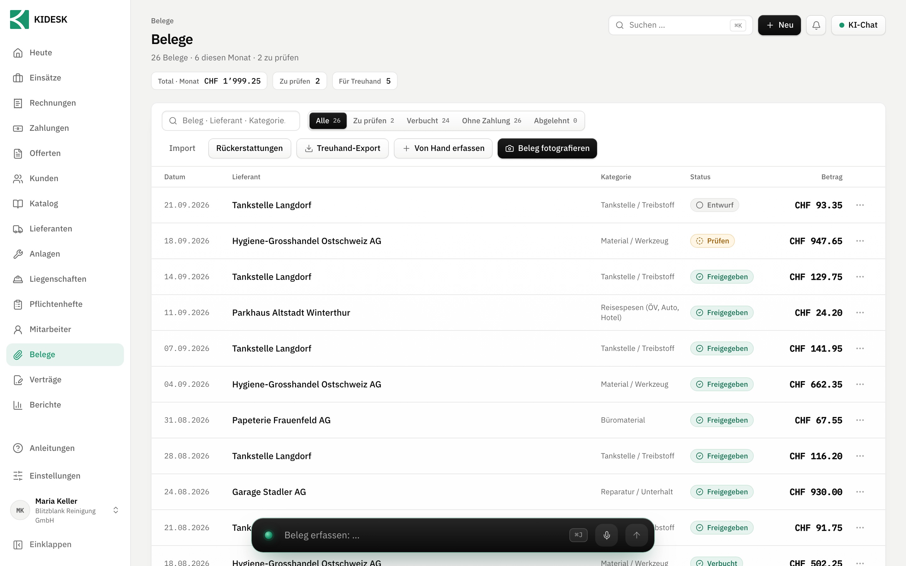 Erfasste Belege mit Kategorie und Status in KIDESK
