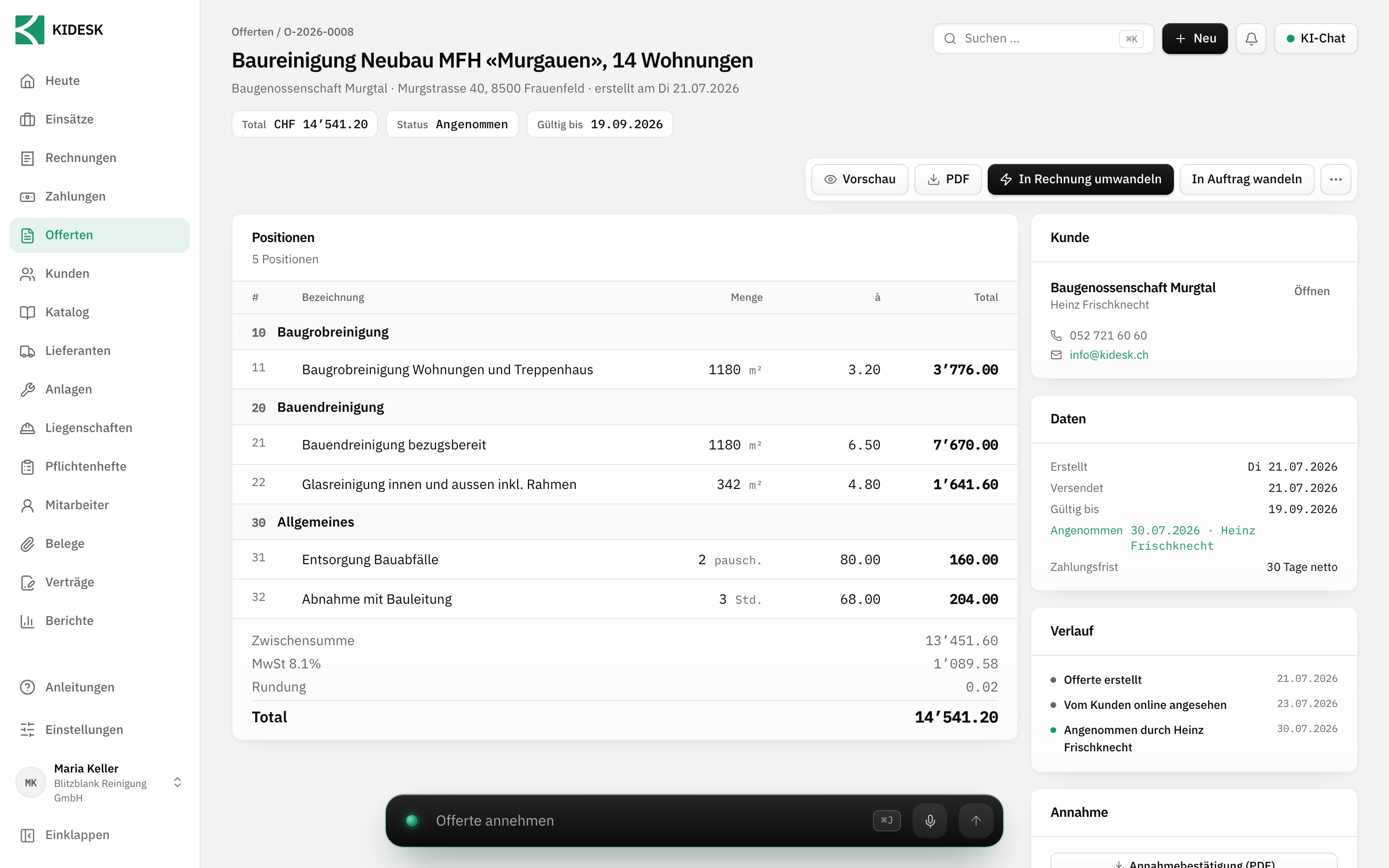 Eine Offerte mit Kapiteln im Editor von KIDESK