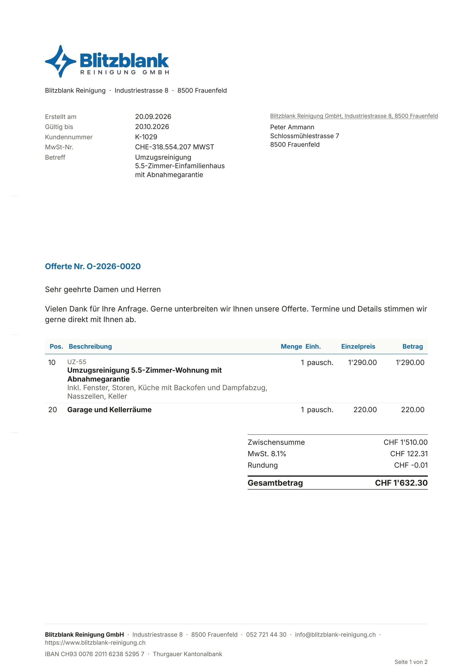Offerte O-2026-0020 der Blitzblank Reinigung GmbH, gedruckt von KIDESK
