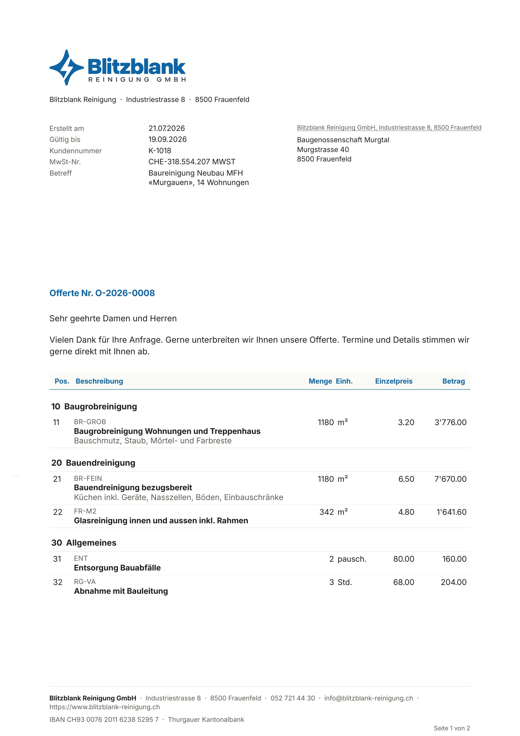 Dieselbe Offerte als PDF, wie sie der Kunde bekommt
