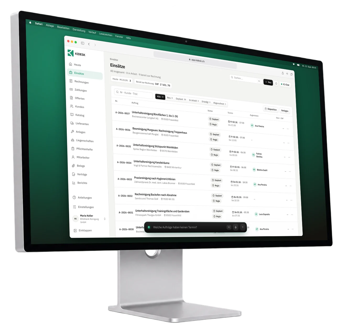 KIDESK im Browser auf einem grossen Bildschirm: die Liste der Einsätze