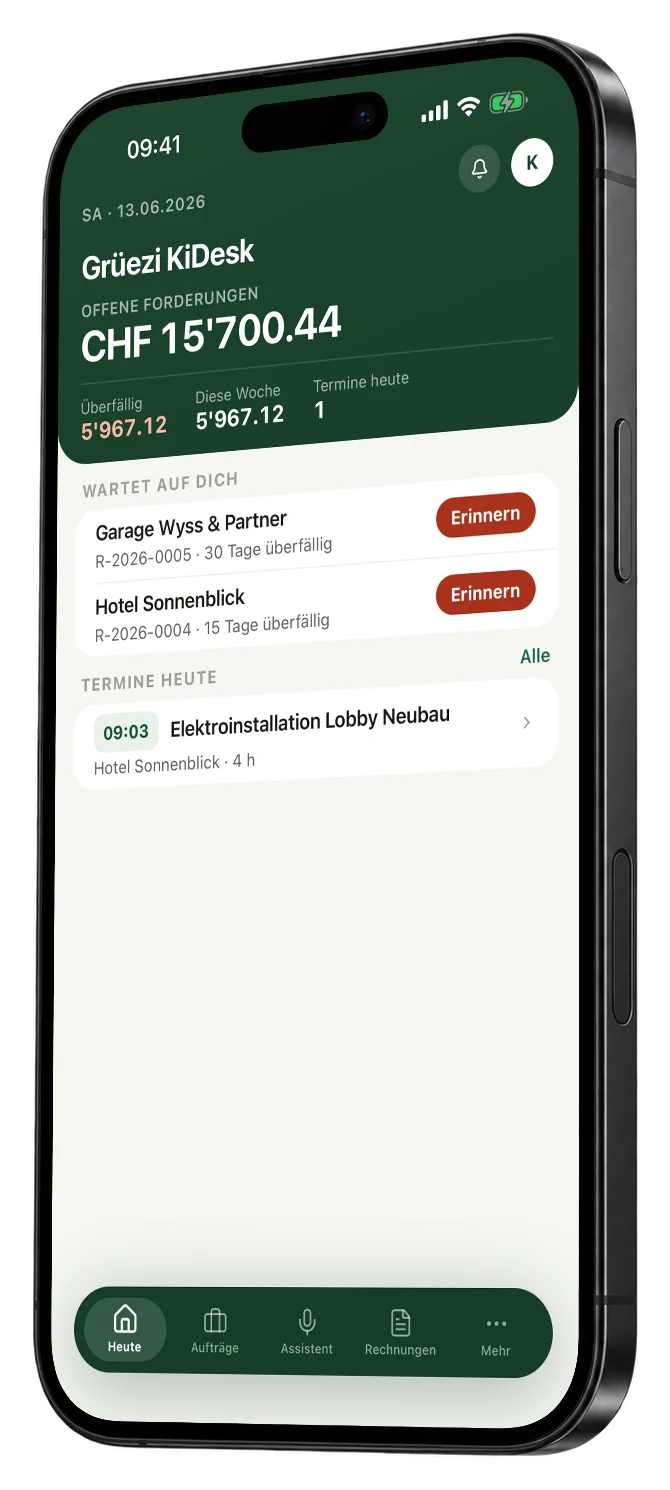Die KIDESK-App auf dem iPhone: die Heute-Seite mit offenen Forderungen und Terminen