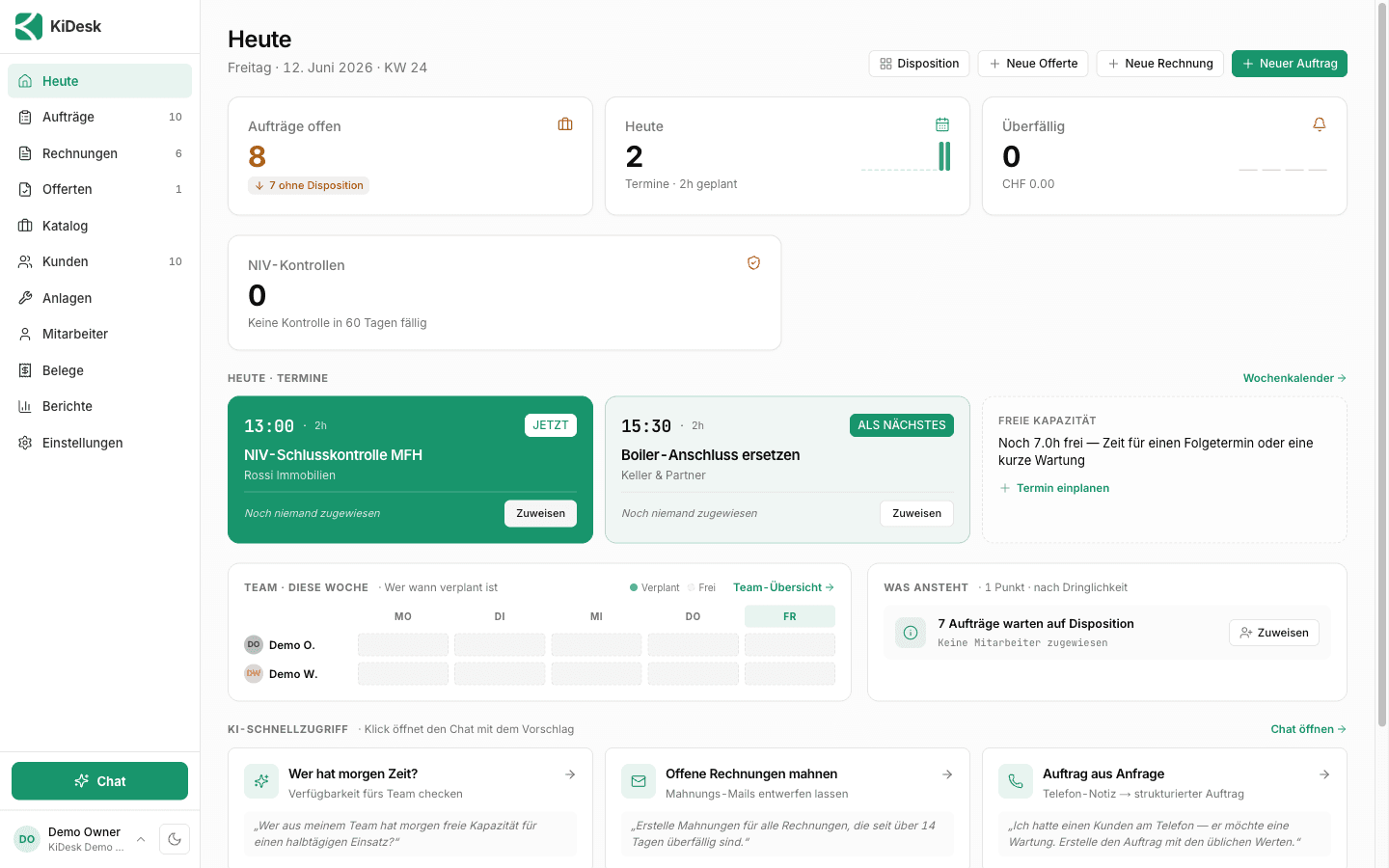KiDesk am Desktop: der Heute-Screen mit Terminen, offenen Aufträgen und KI-Schnellzugriff