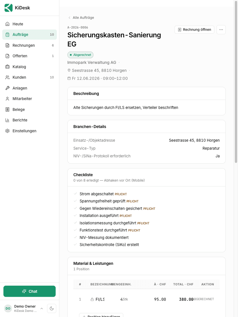 KiDesk auf dem iPad: Auftrags-Detail mit Branchen-Feldern
