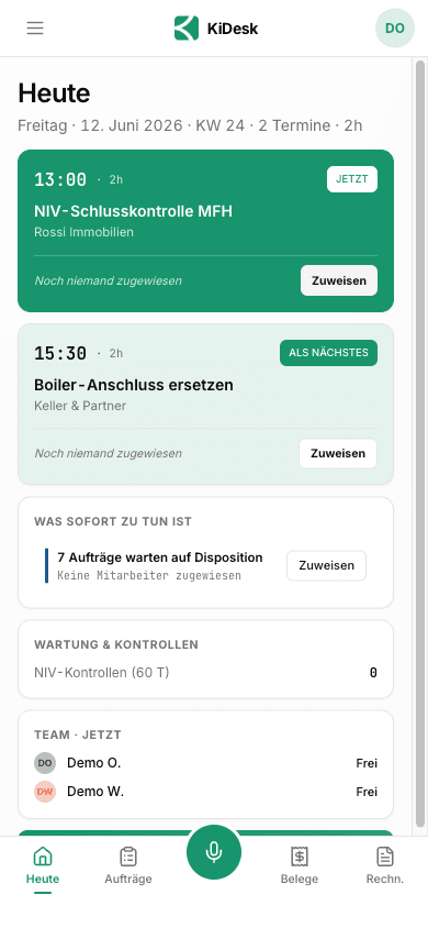 KiDesk auf dem Handy: die heutigen Einsätze, bereit zum Zuweisen